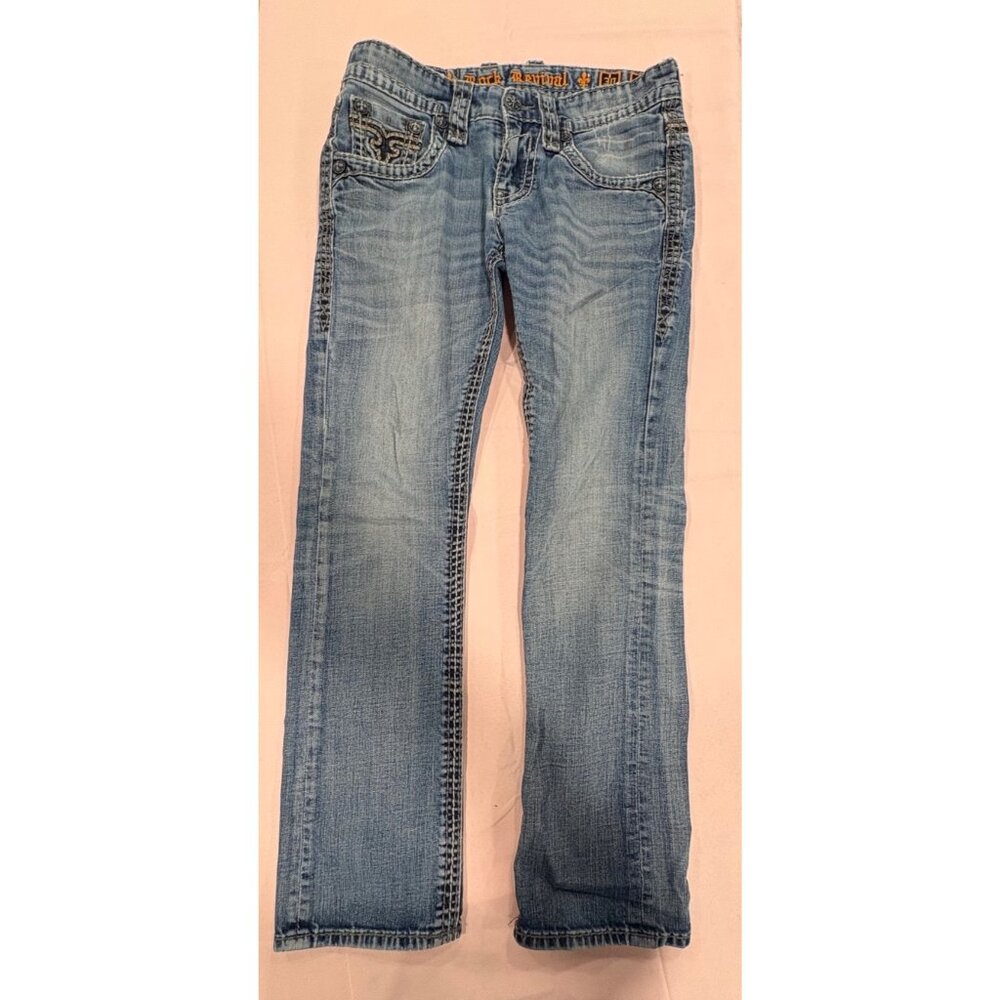 Rock Revival Slim Straight Frank Embellished Blue Jeans Size 30 Distressed Style